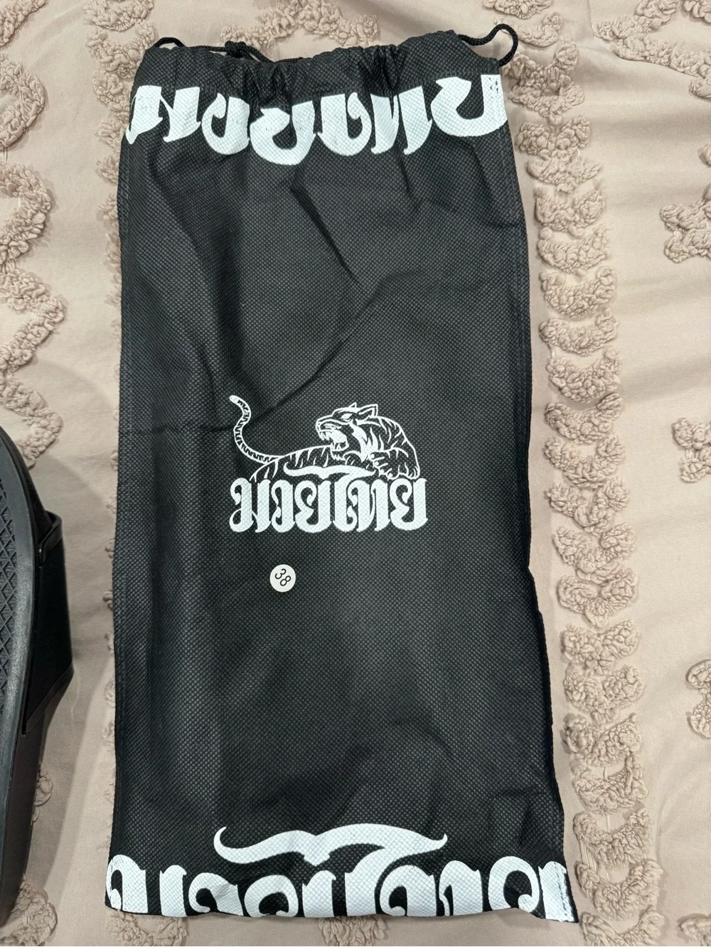 Unisex Yokkao Black Slide Sandals with White Logo in Thai. Size 38